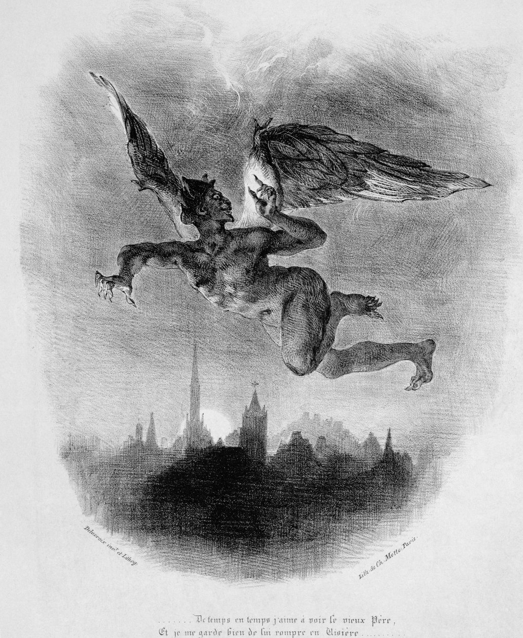 メフィストフェレスの空のプロローグ、ゲーテのファウストから、1828年（イラスト）、（リトグラフのbw写真） 作： フェルディナンド・ビクター・ユージン・ドラクロワ