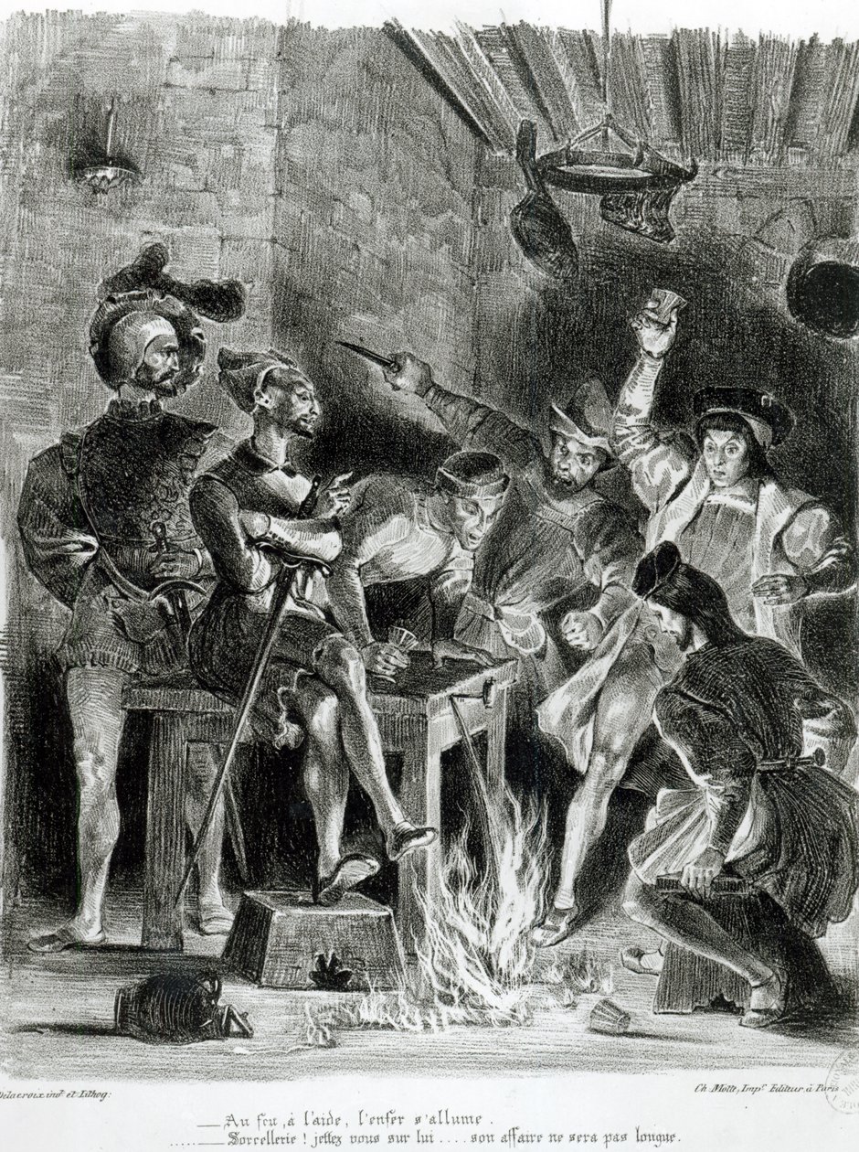 メフィストフェレスと飲酒仲間、ゲーテのファウスト、1828年（イラスト）、（リトグラフのbw写真） 作： フェルディナンド・ビクター・ユージン・ドラクロワ