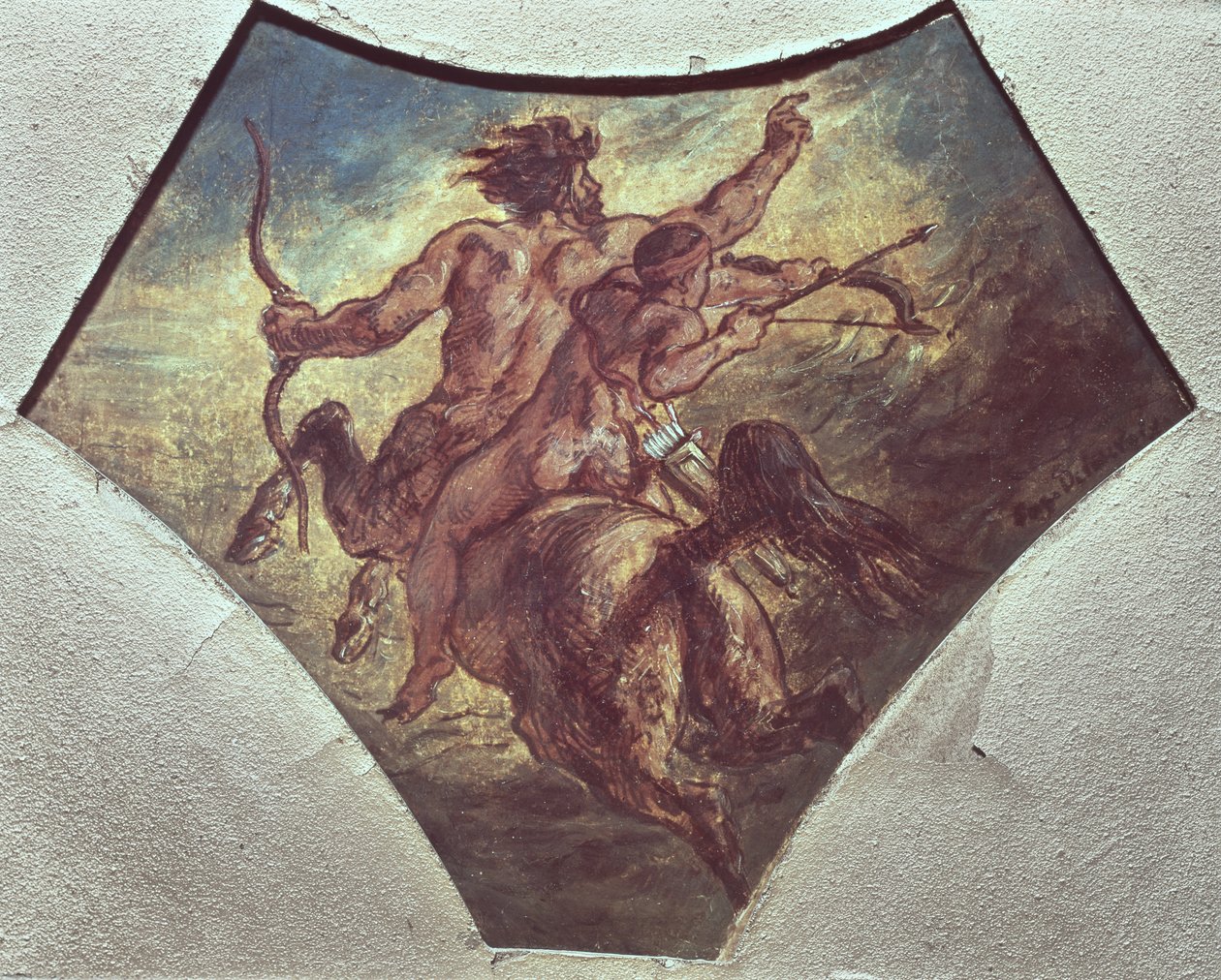 アキレスの教育（1848年、下院のCoupole de la Poesieにある4つのペンダントの1つのために作成された最初のスケッチの複製、75745も参照） 作： フェルディナンド・ビクター・ユージン・ドラクロワ