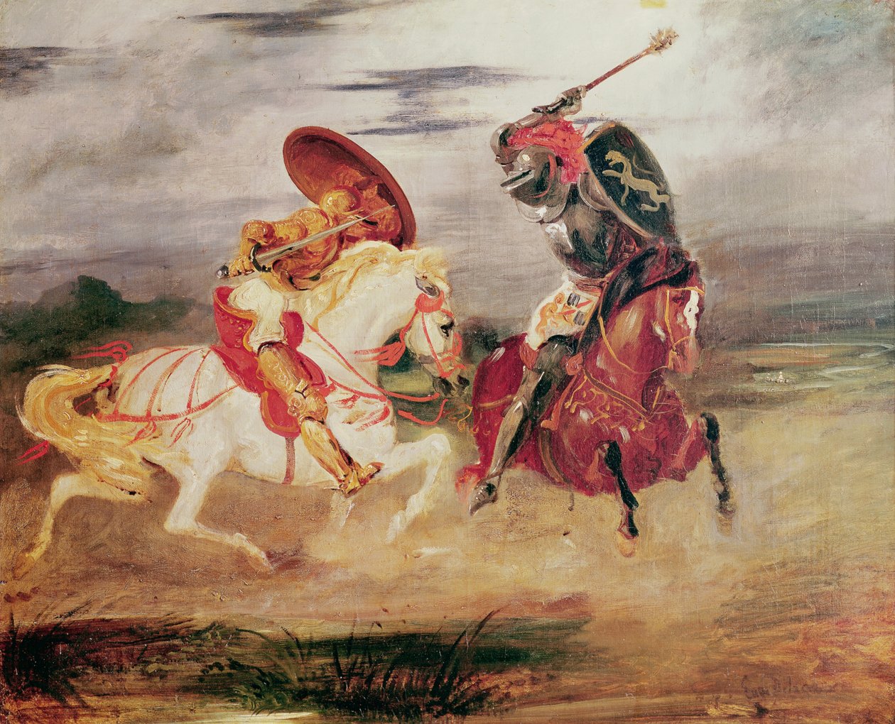 1824年頃の風景で戦う2人の騎士 作： フェルディナンド・ビクター・ユージン・ドラクロワ