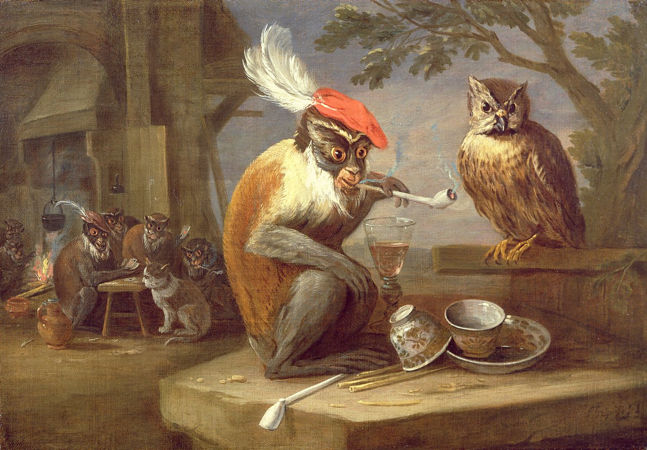 フクロウと一緒にタバコを吸ったり飲んだりするサル 作： フェルディナンド・ファン・ケッセル