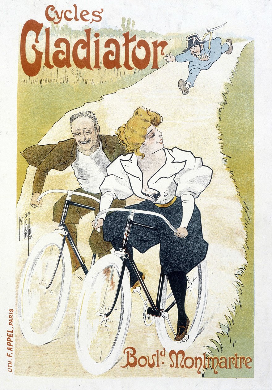 警官に追われる自転車カップル - Gladiator Cyclesの広告, by Misti, v.1895 作： フェルディナンド・ミスティ・ミフリーズ