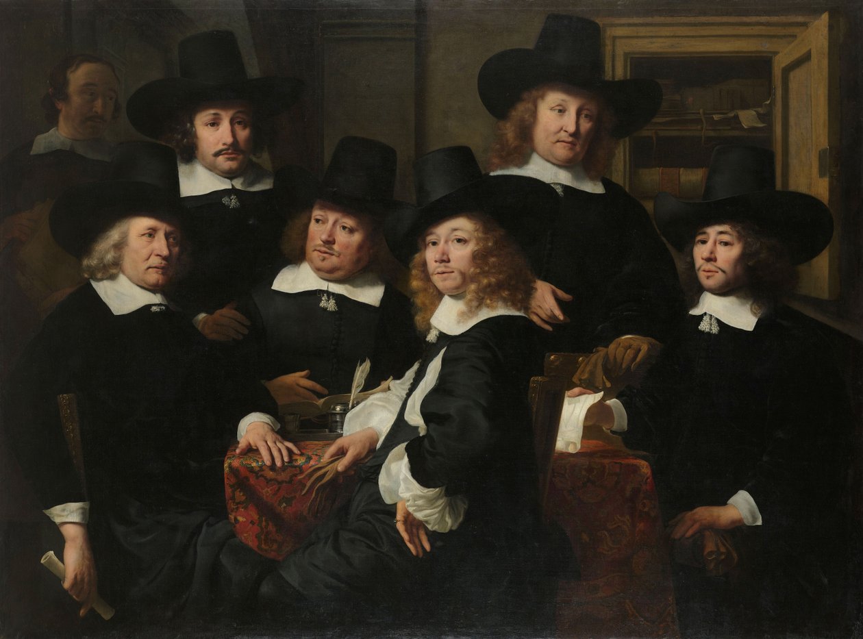 1657年、アムステルダムの貧しい人々の屋外救済のための6名の摂政者とニーウザイデスインスティテュートのビードル 作： フェルディナンド・ボル
