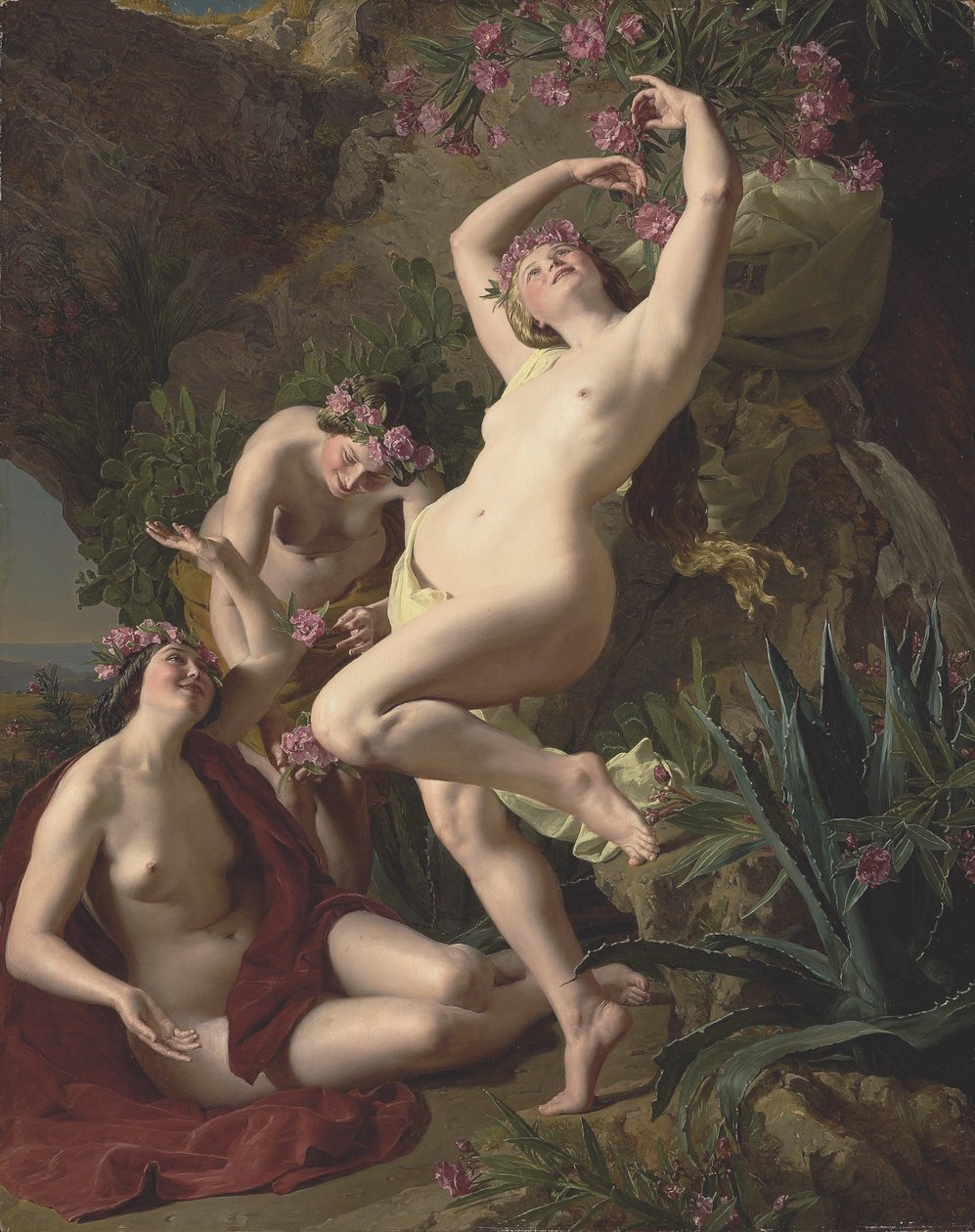 ドイツ語：Die drei Nymphen des Homer バラの花飾りをつけた3人の女神たち 作： フェルディナンド・ゲオルグ・ヴァルドミュラー