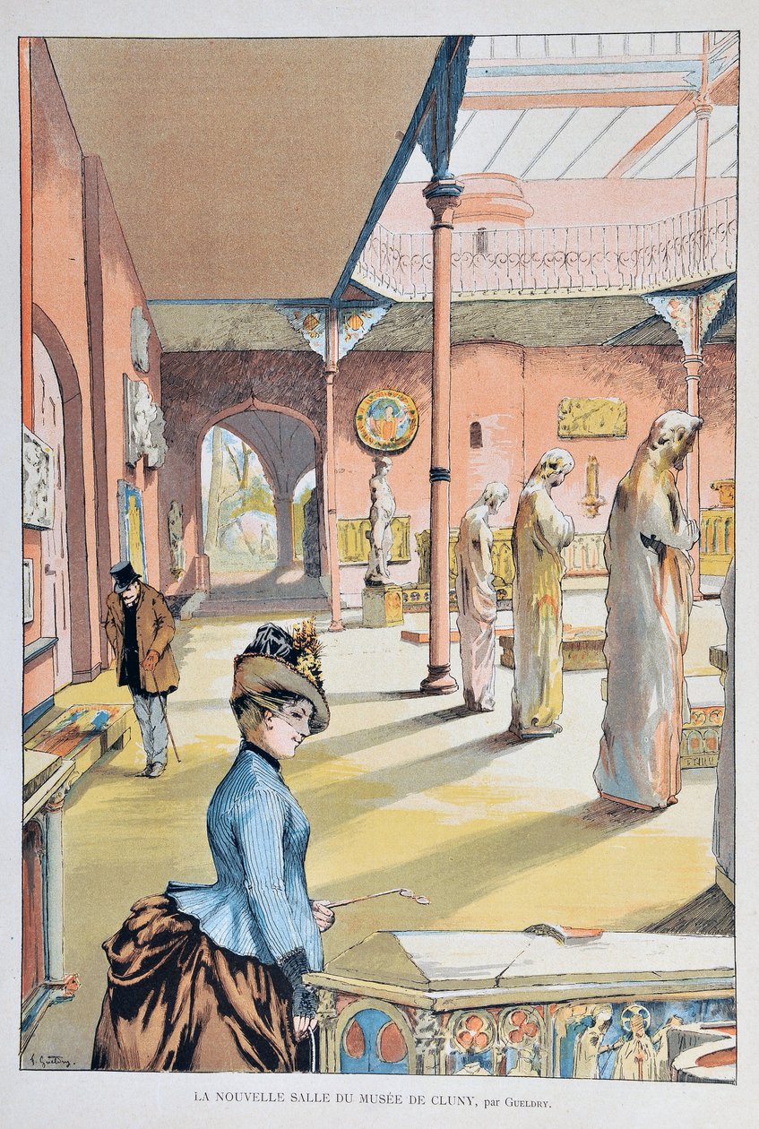 パリのクリュニー中世美術館の新しい部屋 1887年、フェルディナン・ジョセフ・ゲルドリー（1858-1945）作 「Paris-Illustrous journal weekly」に掲載された1887年のエングレーヴィング。 作： フェルディナンド・ジョセフ・ゲルドリー