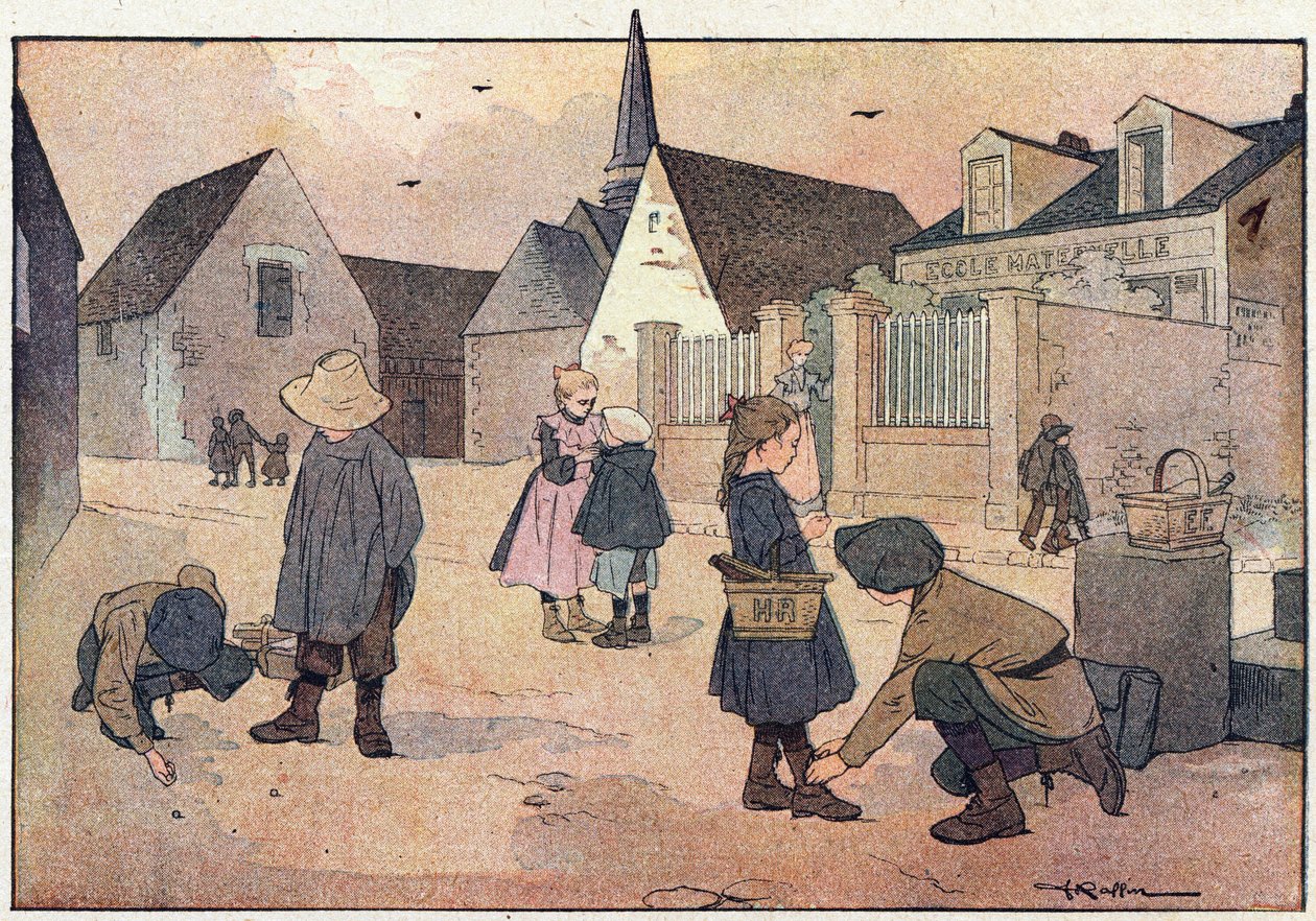 学校の外、子供の頃の絵本、1900年頃（彫刻） 作： フェルディナンド・ラフィン