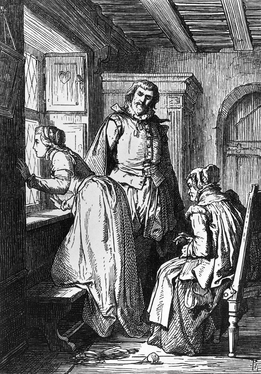 Klaerchen waiting for Egmont, illustration for Egmont, tragedy by Johann Wolfgang von Goethe (1749-1832), woodcut after drawing by Ferdinand Rothbart (1823-1899)   1464596   ja       japanese Successfully Translated  Original: Mural depicting scenes from t 作： フェルディナンド・ロスバート