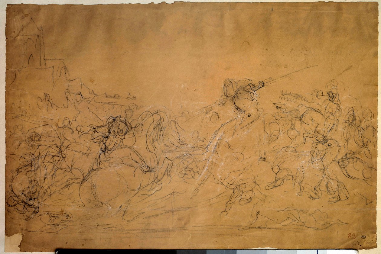 サーモン紙に描かれた戦闘シーンのドローイング ウジェーヌ・ドラクロワ（1798-1863） 19世紀 日0.30×0.45メートル パリ、ルーヴル美術館 作： フェルディナンド・ビクター・ユージン・ドラクロワ