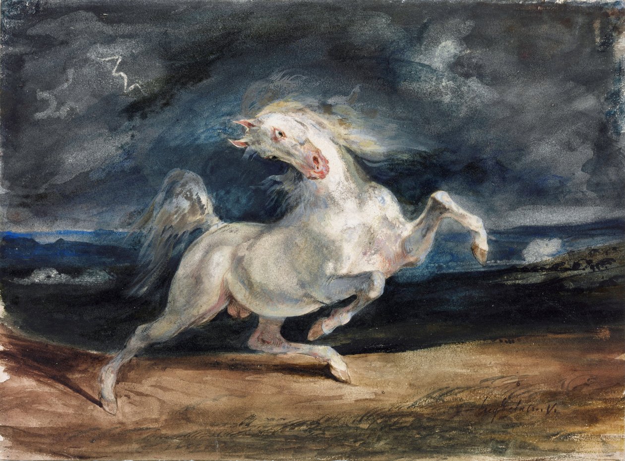 Cheval effraye par la foudre - 雷に怯えた馬 - ユージーン・ドラクロワ (1798-1863) - 1825-1829 - 水彩、グワッシュ、紙 - 23,6x32 - Szepmuveszeti Muzeum、ブダペスト 作： フェルディナンド・ビクター・ユージン・ドラクロワ