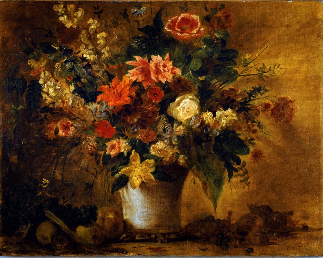 花と果物 グレスの花瓶に入った花のブーケウジェーヌ・ドラクロワ（1798-1863）による絵画 1843年 約 Sun.74x93 cm ウィーン美術史博物館、ノイエギャラリー 作： フェルディナンド・ビクター・ユージン・ドラクロワ