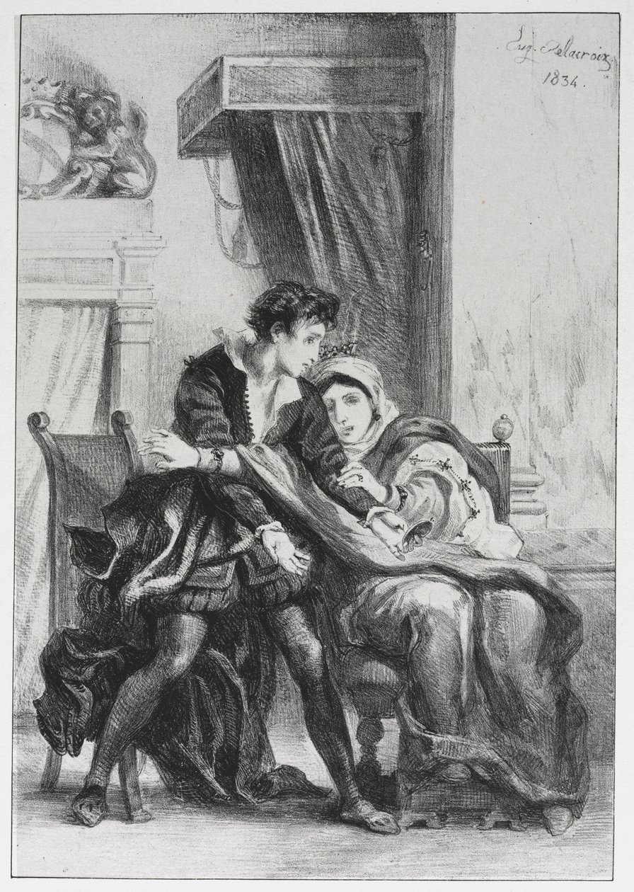 ハムレット：ハムレットと女王、1834年。 作： フェルディナンド・ビクター・ユージン・ドラクロワ