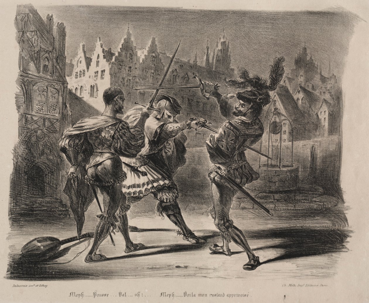 ファウストの挿絵：ファウストとバレンティンの決闘、1828年。 作： フェルディナンド・ビクター・ユージン・ドラクロワ