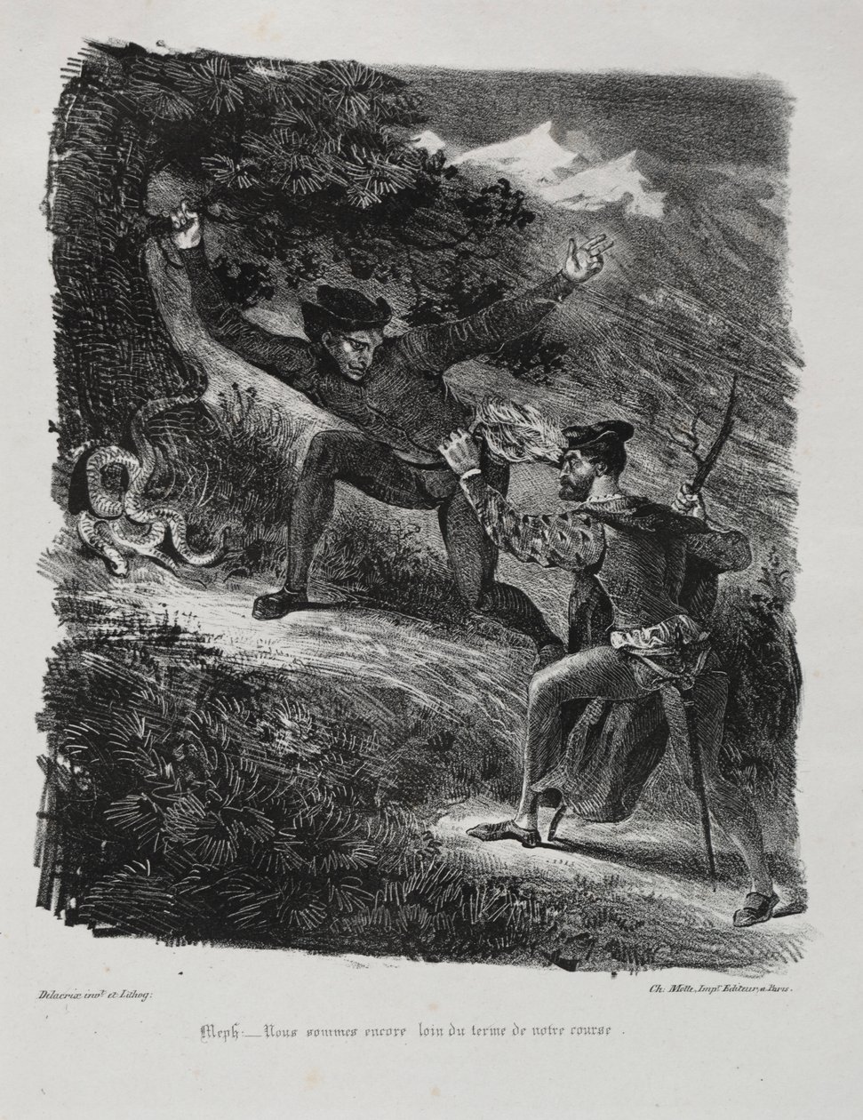 ファウストの挿絵：ハーツ山脈のファウストとメフィストフェレス、1828年。 作： フェルディナンド・ビクター・ユージン・ドラクロワ