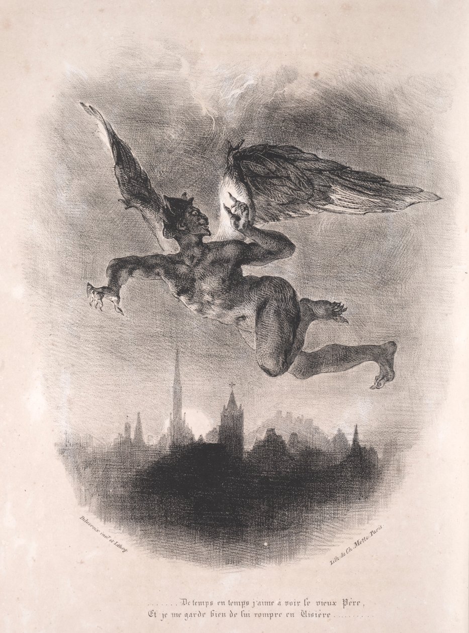 ファウストの挿絵：空中のメフィストフェレス、1828年。 作： フェルディナンド・ビクター・ユージン・ドラクロワ