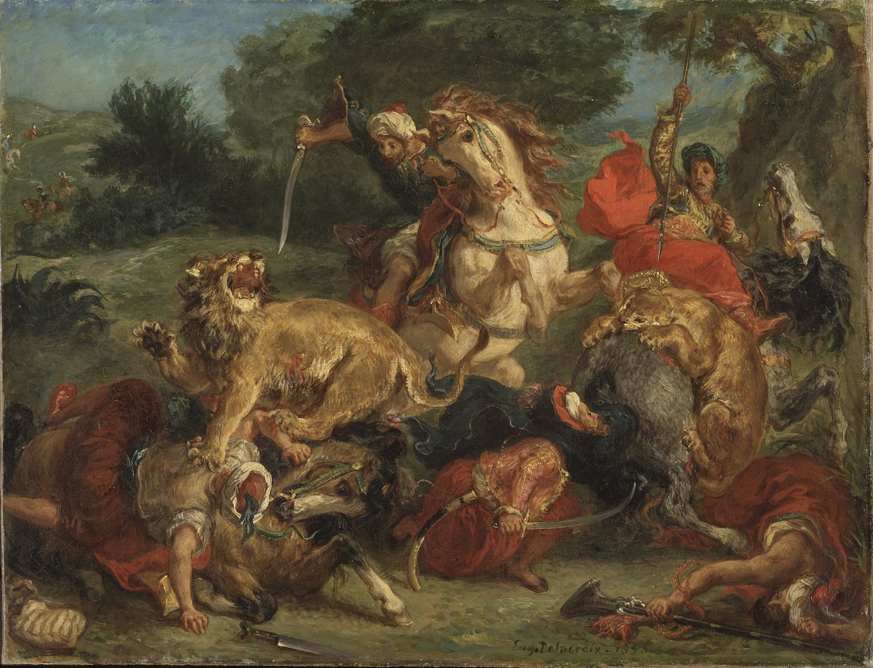 La chasse au lion - The Lion Hunt, by Delacroix, Eugene (1798-1863).油彩・キャンバス 作： フェルディナンド・ビクター・ユージン・ドラクロワ