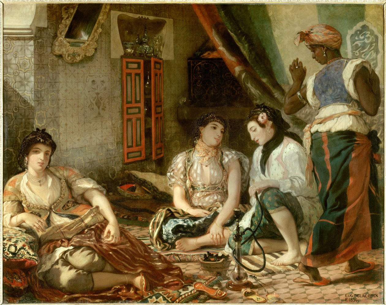 アルジェの女たちのフラットでの生活 ウジェーヌ・ドラクロワ（1798-1863）による絵画 1834年 日1.80 x 2.29 m Paris.ルーヴル美術館 作： フェルディナンド・ビクター・ユージン・ドラクロワ