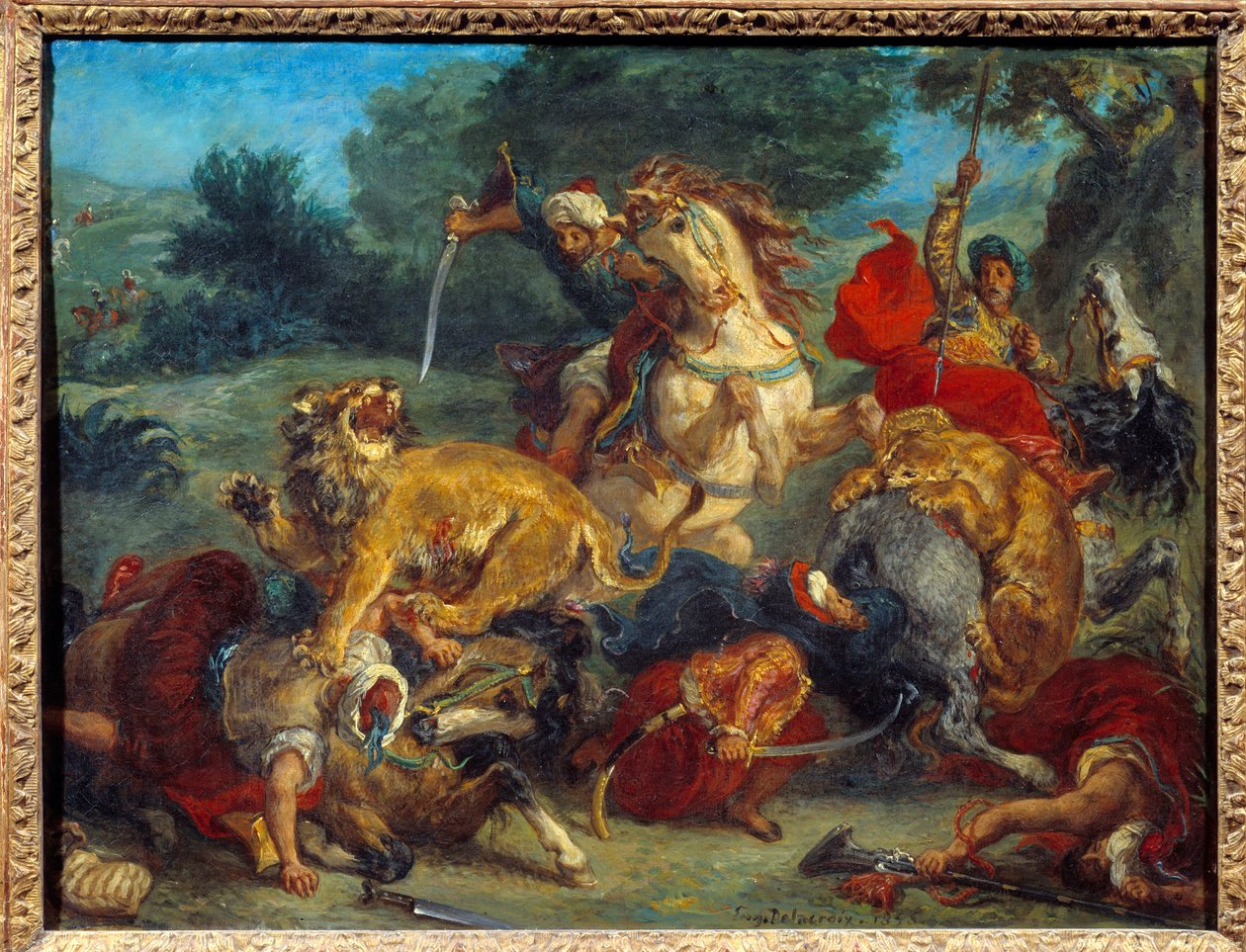 ライオン狩り。ウジェーヌ・ドラクロワ（1798-1863）による絵画 作： フェルディナンド・ビクター・ユージン・ドラクロワ