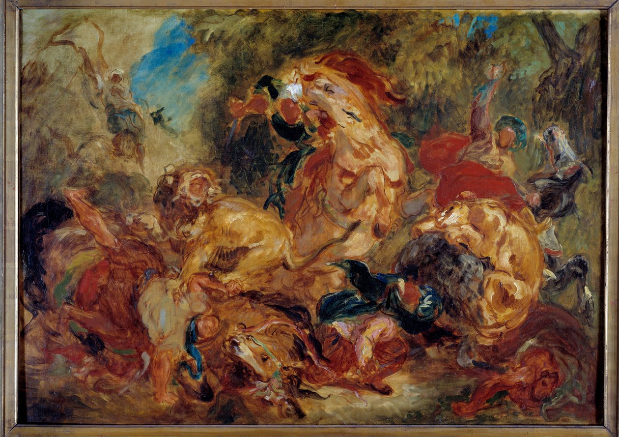 油彩画 飛鳥童 あすか わらべ 草原のライオン「Hunters」原画 ライオン狩り - ウジェーヌ・ドラクロワ | FeelTheArt