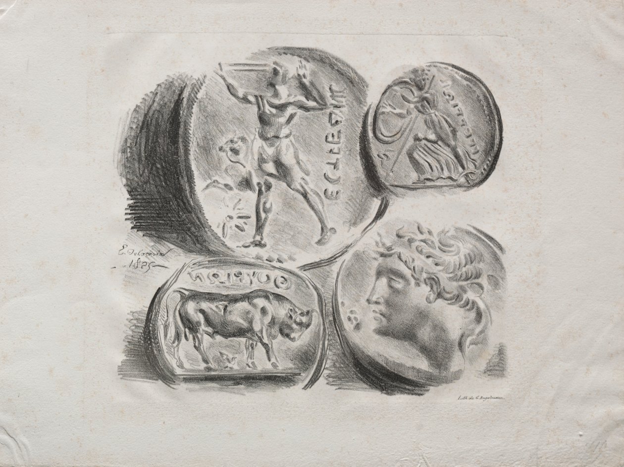 4つのアンティークメダルのシート、1825年。 作： フェルディナンド・ビクター・ユージン・ドラクロワ