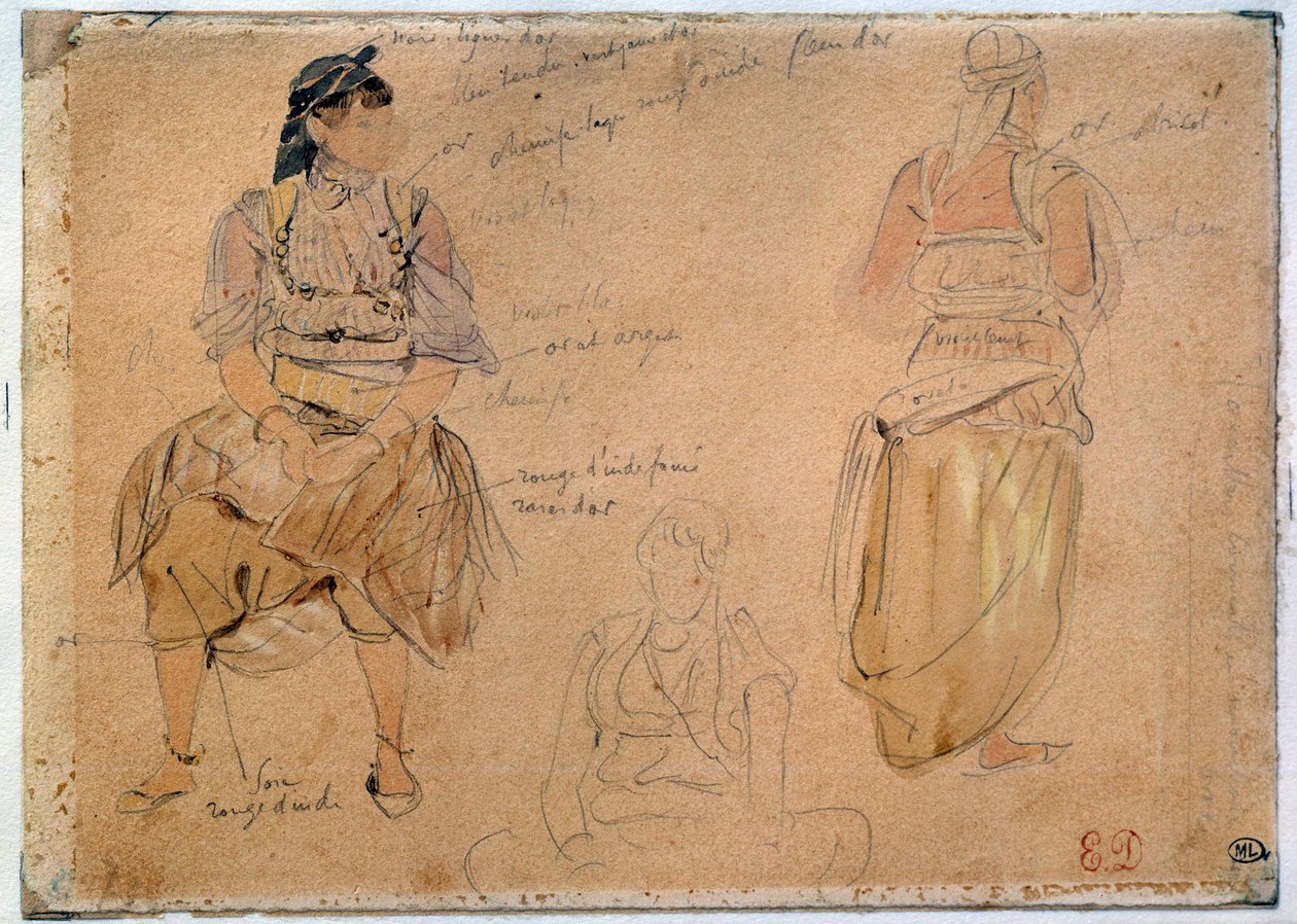 鉛鉱山を描くアラブ女性の習作 水彩画のハイライト付き ウジェーヌ・ドラクロワ（1798-1863） 1832年 パリ、ルーヴル美術館 作： フェルディナンド・ビクター・ユージン・ドラクロワ