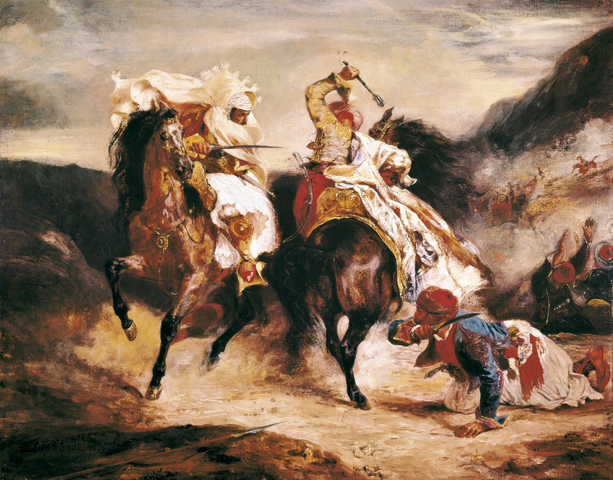 ギョールとパシャの戦い。バイロン卿の詩「Le Giaour」をモチーフにしています。ウジェーヌ・ドラクロワ(1798-1863)のオリエンタリズム絵画 作： フェルディナンド・ビクター・ユージン・ドラクロワ