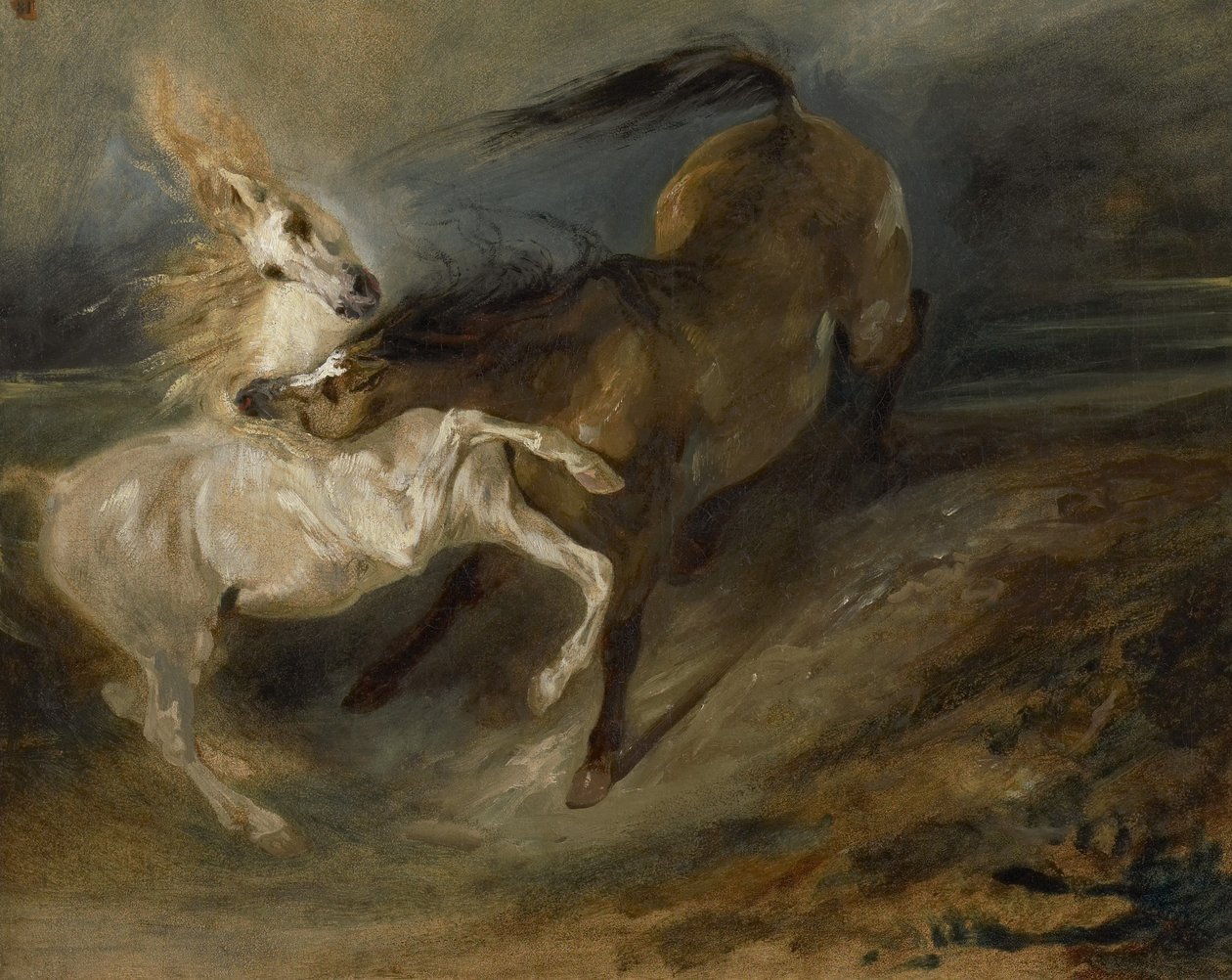 荒れ模様の風景で戦う2頭の馬、c.1828