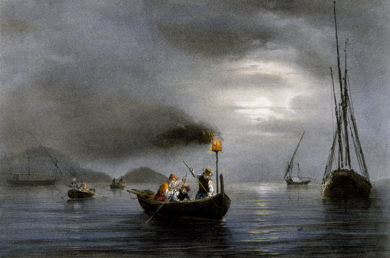 フェルディナン・ペロ(1808-1841)のカラーリトグラフ「釣りランプによる夜釣り 作： フェルディナンド・ビクター・ペロット