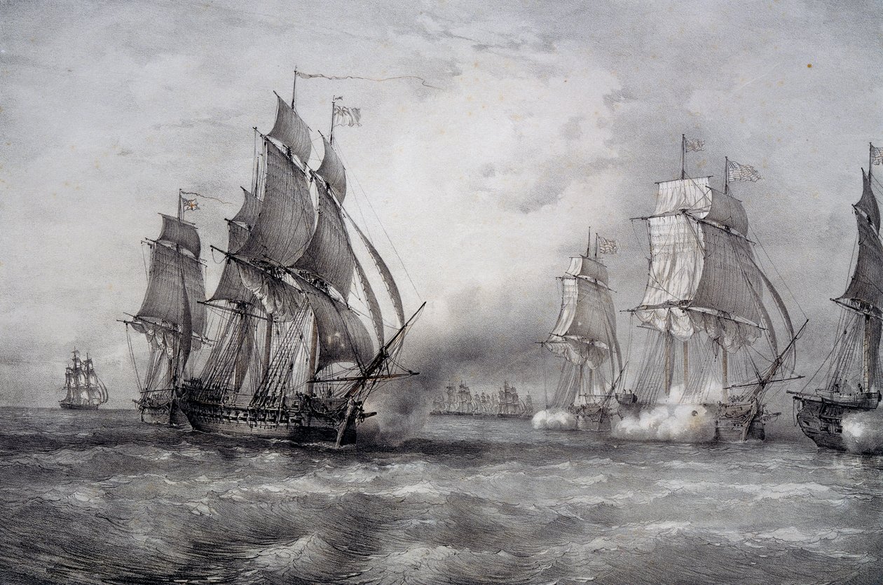ポール・ジョーンズ、バルト海から到着したピアソン指揮の英国艦隊を攻撃 作： フェルディナンド・ビクター・ペロット