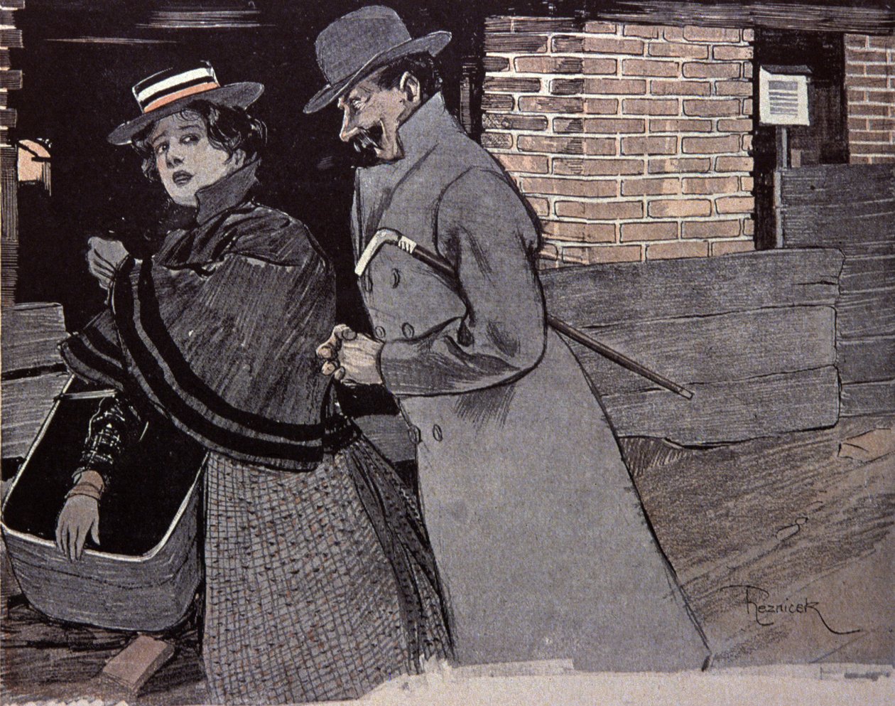 若い女性に嫌がらせをする男。F. Von Reznicekによるイラスト。シンプリシマス、ドイツ 作： フェルディナンド・フォン・レズニチェク