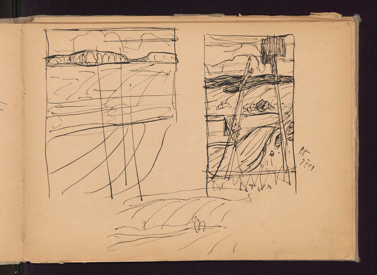 Drei Skizzen: a),c) hügelige Landschaft, b) alte Kreuze; verso: drei Skizzen von Bildern: Der Engel des Herrn, Litauen, Provinz 作： フェルディナンド・ルシュチク