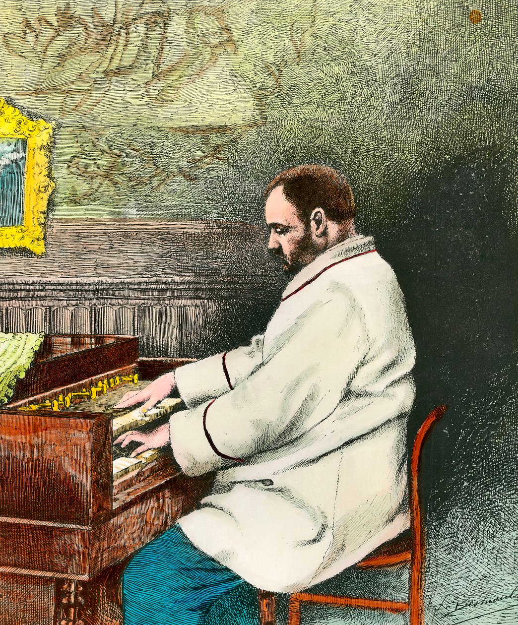 オルガンを弾くエミール・ゾラ（1840-1902）の肖像。デムーランによるエングレーヴィング（19世紀）。コル。出す。 作： フェルナン・デスムーラン