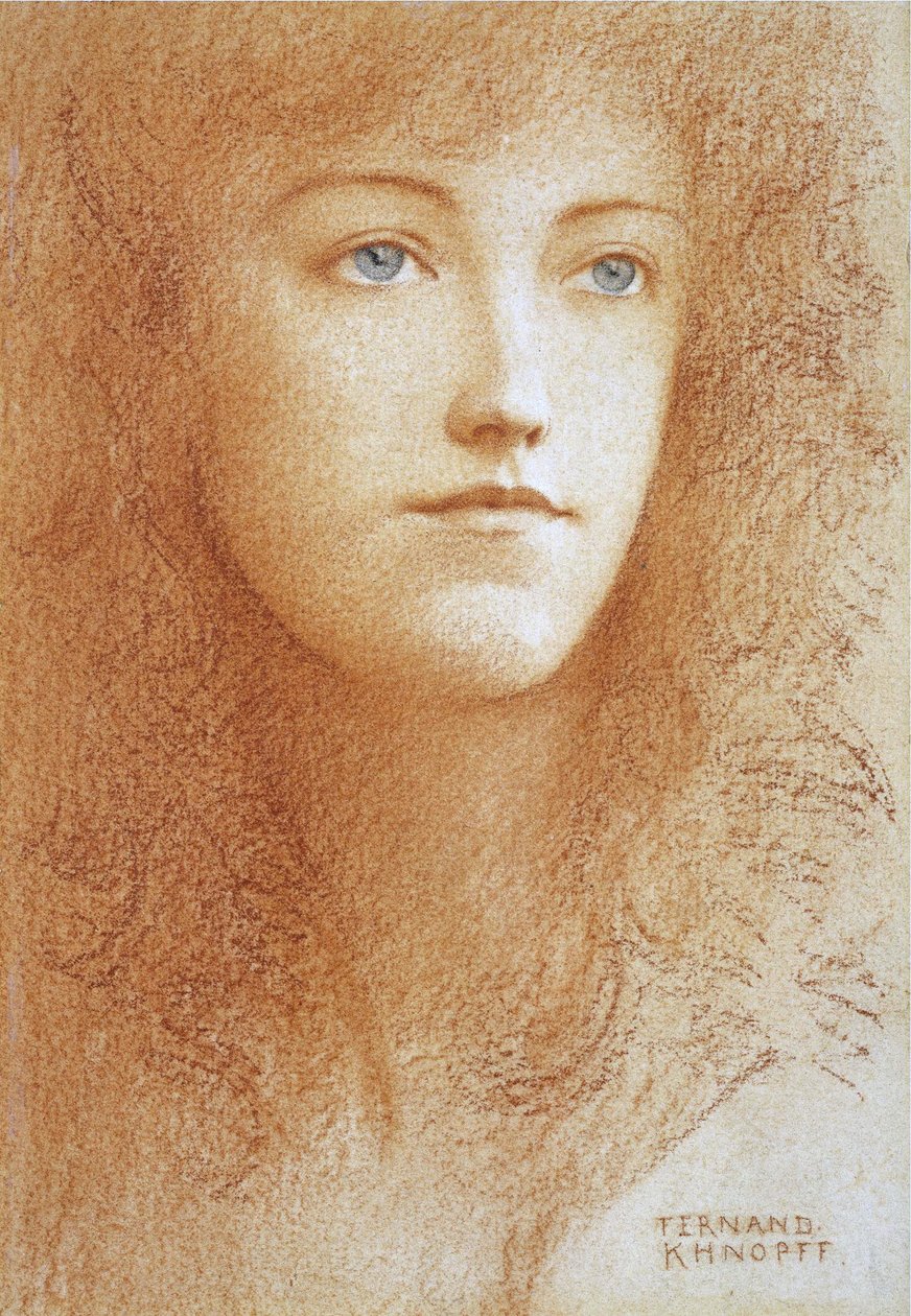 「若い英国人女性の肖像」フェルナン・クノップフ作紙のサングイネ（1858-1921）1890年頃個人コレクション 作： フェルナン・クノフフ