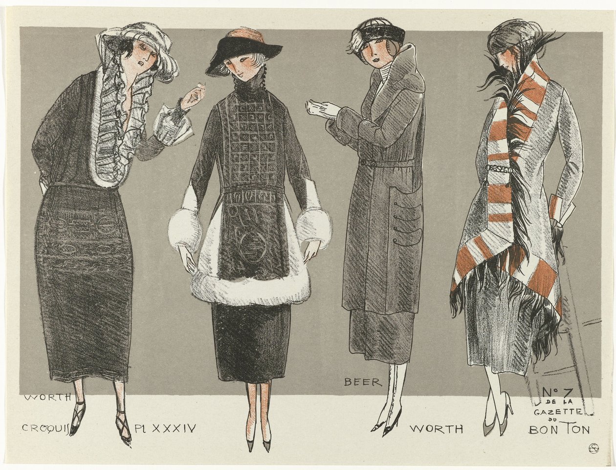 Gazette du Bon Ton、1920 - No. 7、Croquis Pl XXXIV: 価値 / ビール / 価値 (オブジェクトのタイトル) 作： フェルナン・シメオン