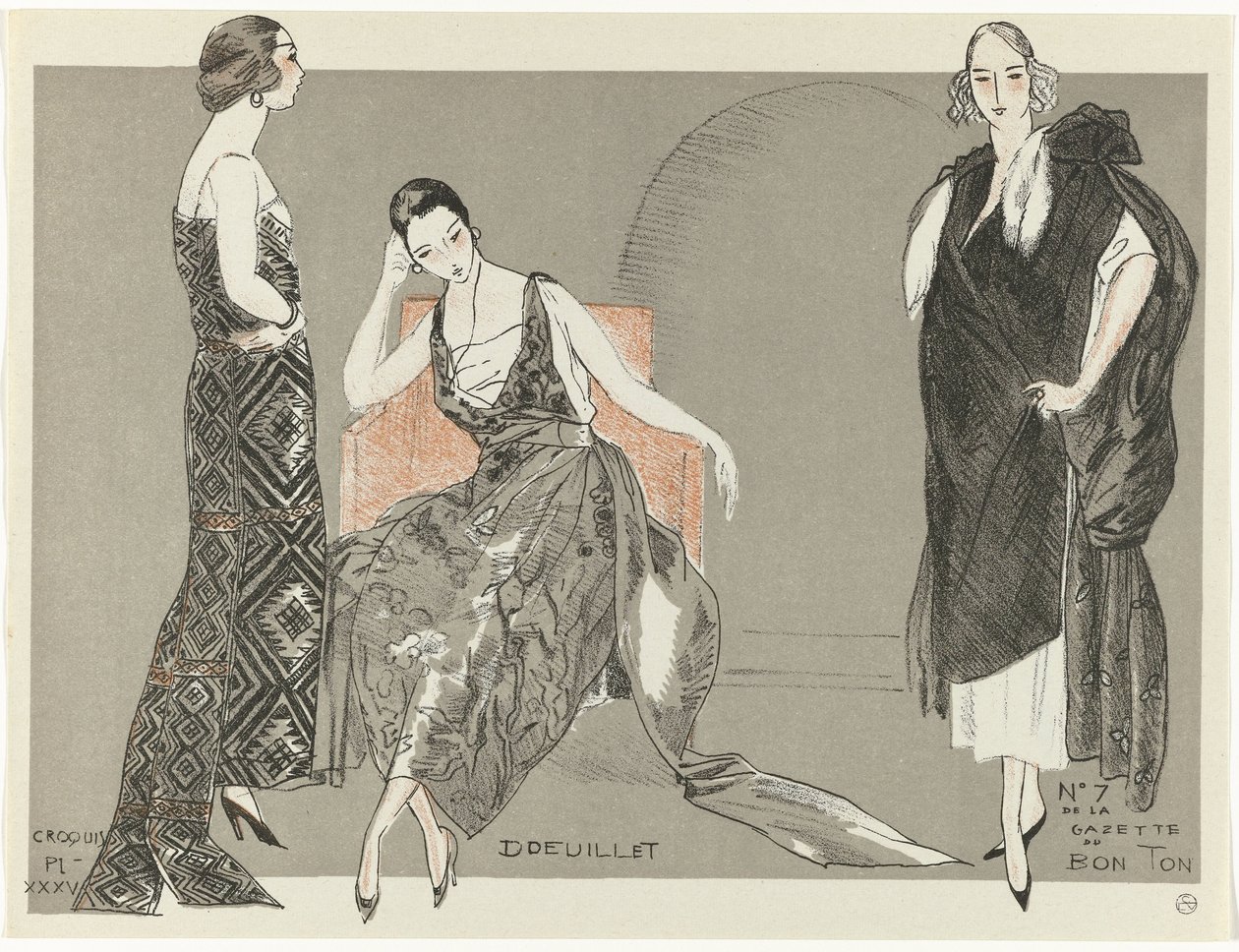 Gazette du Bon Ton、1920 年 - No. 7、Croquis Pl. XXXV: Doeuillet (オブジェクトのタイトル) 作： フェルナン・シメオン