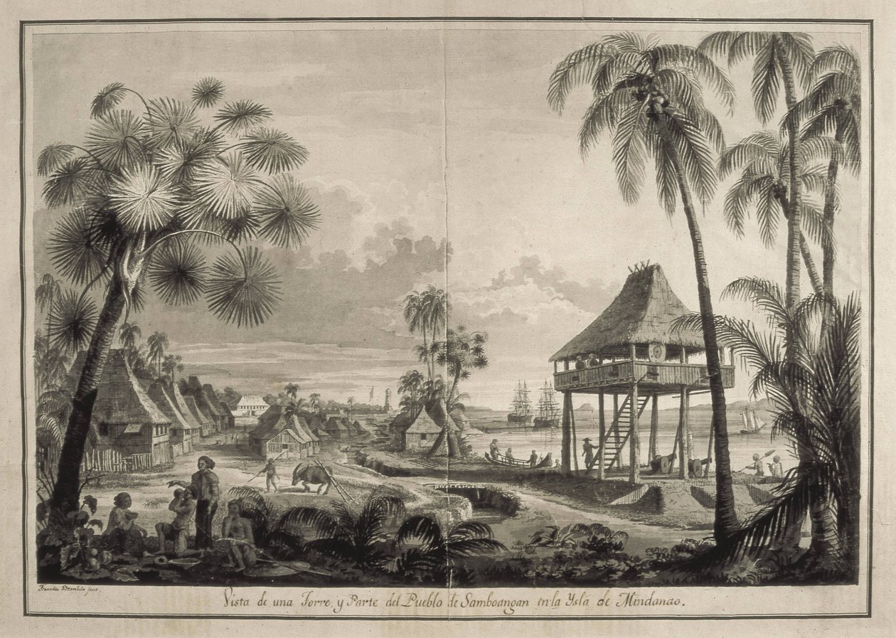 MALASPINA, Alejandro (1754-1809)。イタリア系スペイン人航海士、探検家；BRAMBILA, Fernando (1763-1834)。画家。マラスピーナ探検隊。フィリピン（1792年）。ザンボアンガの村。フェルナンド・ブランビラのデッサン。デッサン。スペイン.マドリッド（自治州）。 作： フェルナンドブランビラ