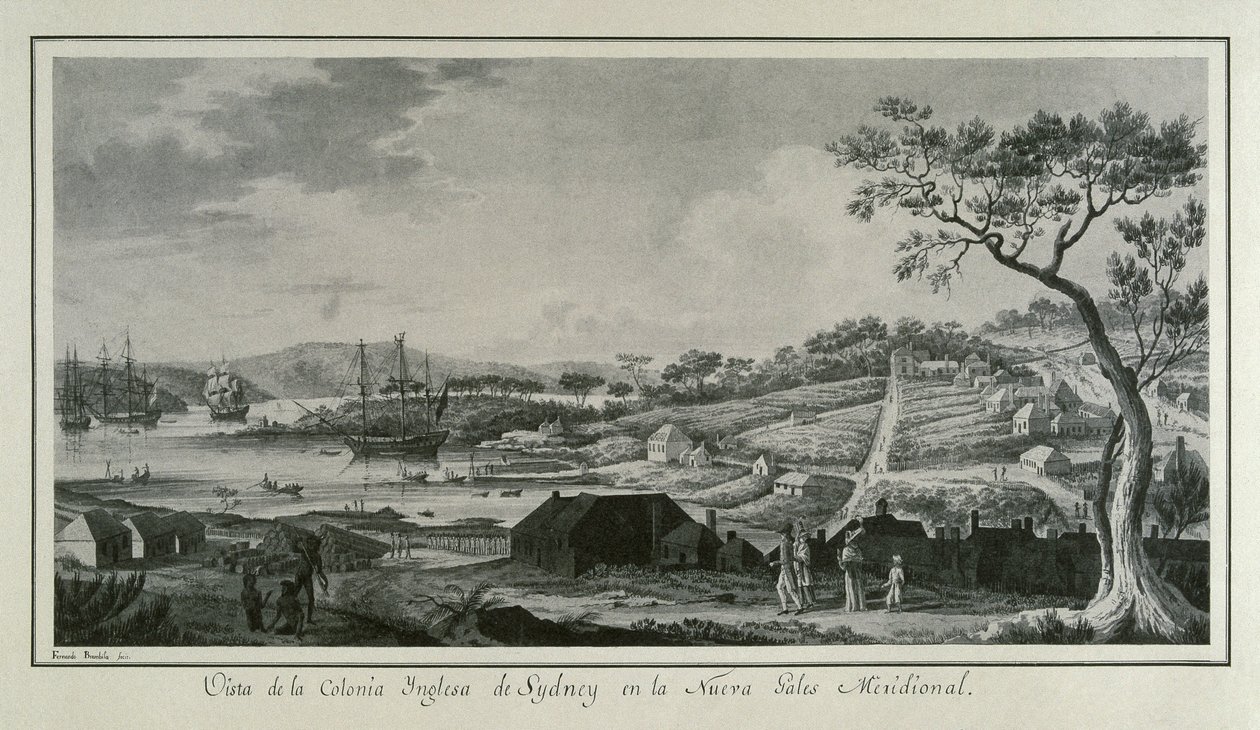 MALASPINA, Alejandro (1754-1809)。イタリア系スペイン人航海士、探検家；BRAMBILA, Fernando (1763-1834)。画家。オーストラリア（18世紀）。イギリスの植民地ニュー・サウス・ウェールズ。アレハンドロ・マルの科学探検を描いたフェルナンド・ブランビラの絵。 作： フェルナンドブランビラ