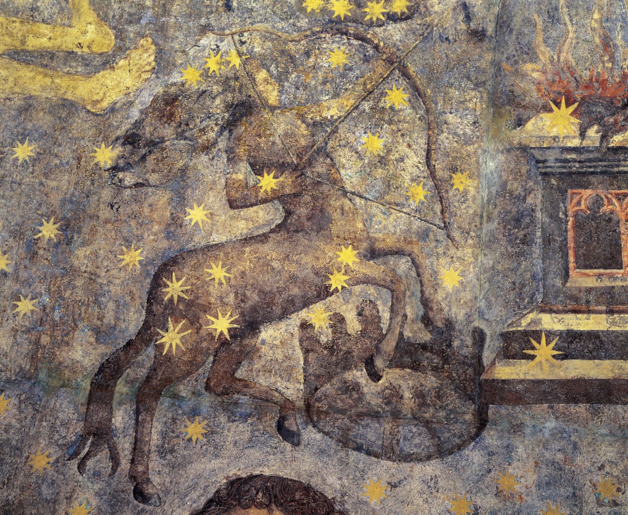 ゴシック期。 Fernando Gallego (1440-1507) による Zodiac (1485) のドーム。 XV センチュリー。 壁画。 それらは、スペインのカスティーリャにあるサラマンカ大学の図書館を飾っています。 星座を表します。 ケンタウロス。 星座のシンボル。 作： フェルナンド・ガレゴ