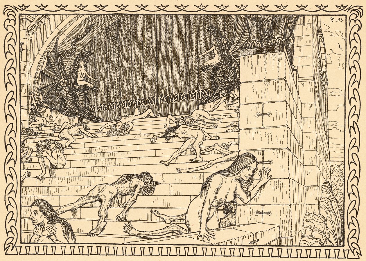 行為の神殿の前、プレート 7、ポートフォリオ「Lebenszeichen」から、パブ。 1908 年、ベルリンで Fritz Heyder Verlag 作 作： フィダス (1868～1948)