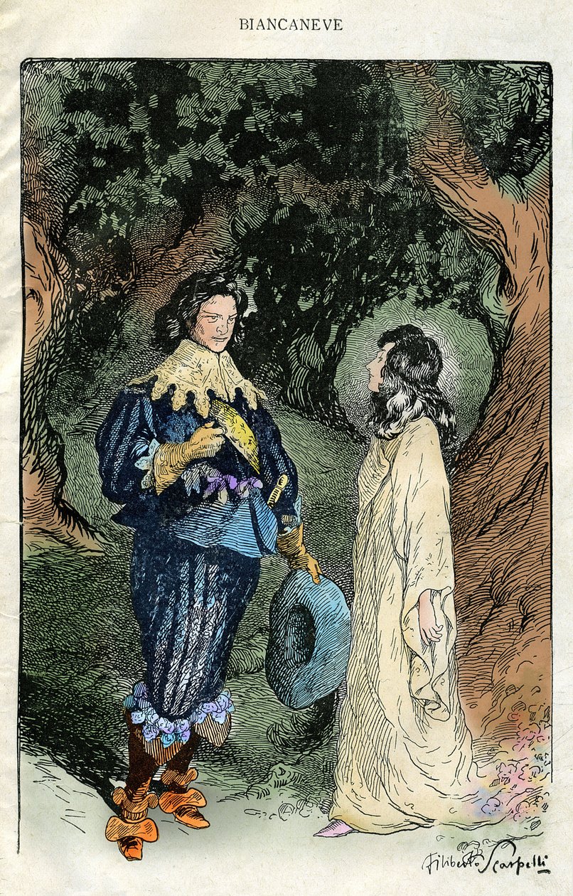 1920年頃、グリム兄弟の寓話集『白雪姫とその他の物語』に収録された寓話「ビアンカネーヴェ」（白雪姫）のための、フィリベルト・スカルペッリ（1870-1933）による挿絵。 作： フィリベルト・スカルペリ