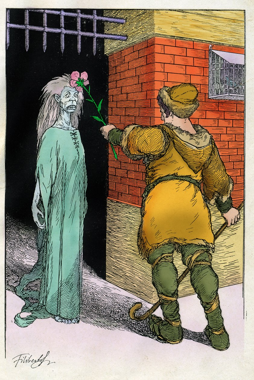 1920年頃、グリム童話集『白雪姫とその他の物語』に収録された、Filiberto Scarpelli（1870-1933）による寓話「Buona sera Ezzechiello（こんばんはエゼキエル）」の挿絵。 作： フィリベルト・スカルペリ