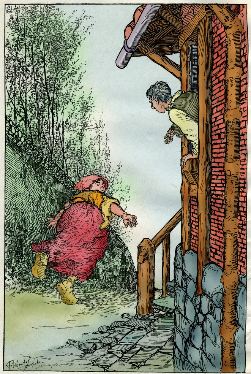 1920年頃、グリム兄弟の寓話集『白雪姫とその他の物語』に収録された寓話「Toniotta la stolta」（トニオッタ・ラ・フールタ）のための、Filiberto Scarpelli（1870-1933）による挿絵。 作： フィリベルト・スカルペリ