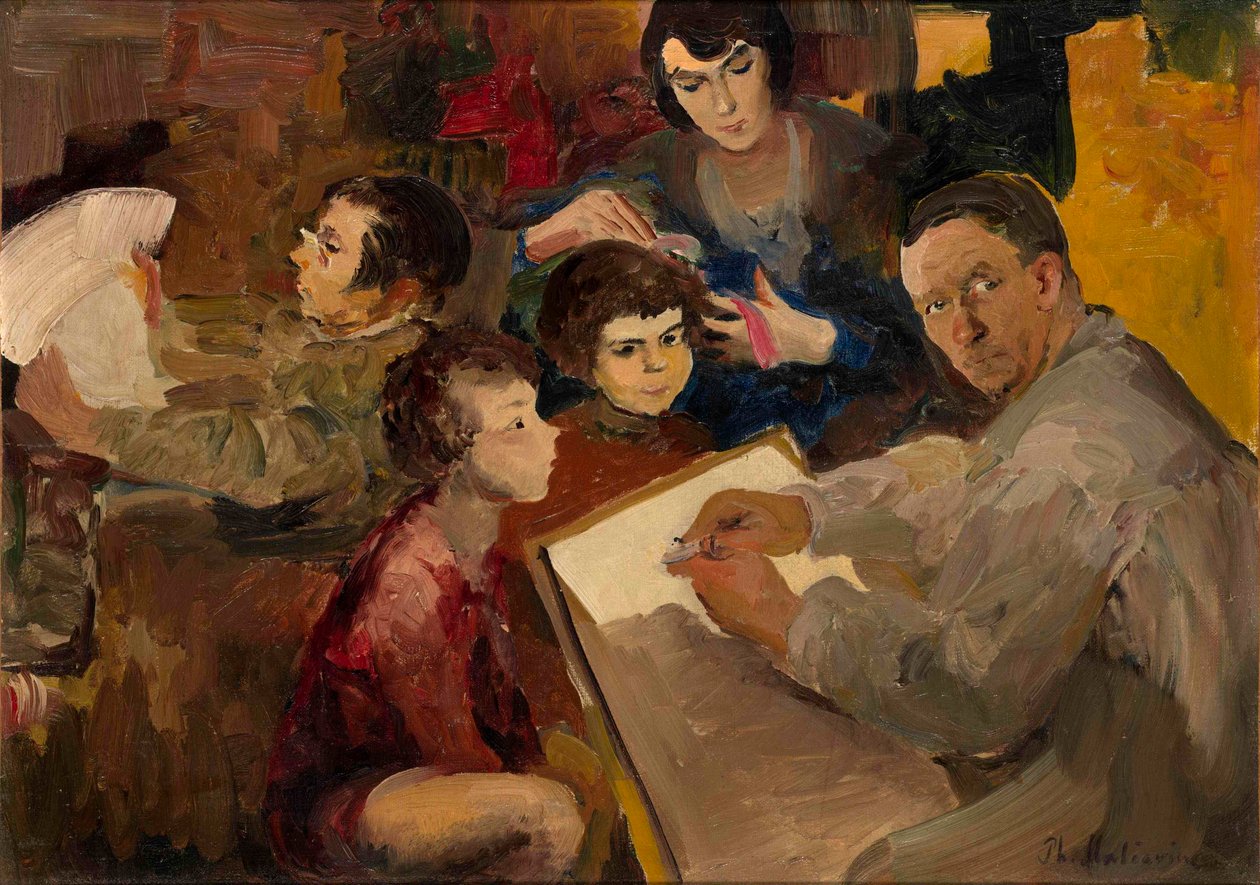 家族との自画像 - Filipp Andreyevich Maliavin (Maliavine) (または Andreyevich Malyavin) (1869-1940) による絵画、キャンバスに油彩 (46.5x64.5 cm)、ロシア美術、19 世紀後半から 20 世紀初頭 - 個人蔵 作： フィリップ・アンドレエヴィッチ・マリアヴィン