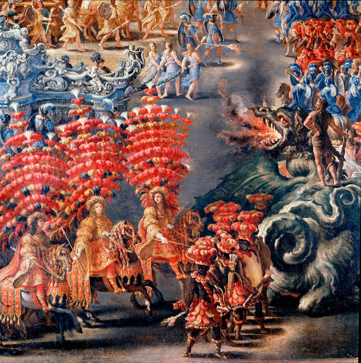 1656年2月28日、クリスティーヌ・ド・スウェード（Cristina di Svezia）を称えるバルベリーニ宮のフェット 詳細。フィリッポ・ラウリ(1623-1694)とフィリッポ・ガリアルディ(1659年没)による絵画。17世紀のローマ、ローマ博物館 作： フィリッポ・ラウリ