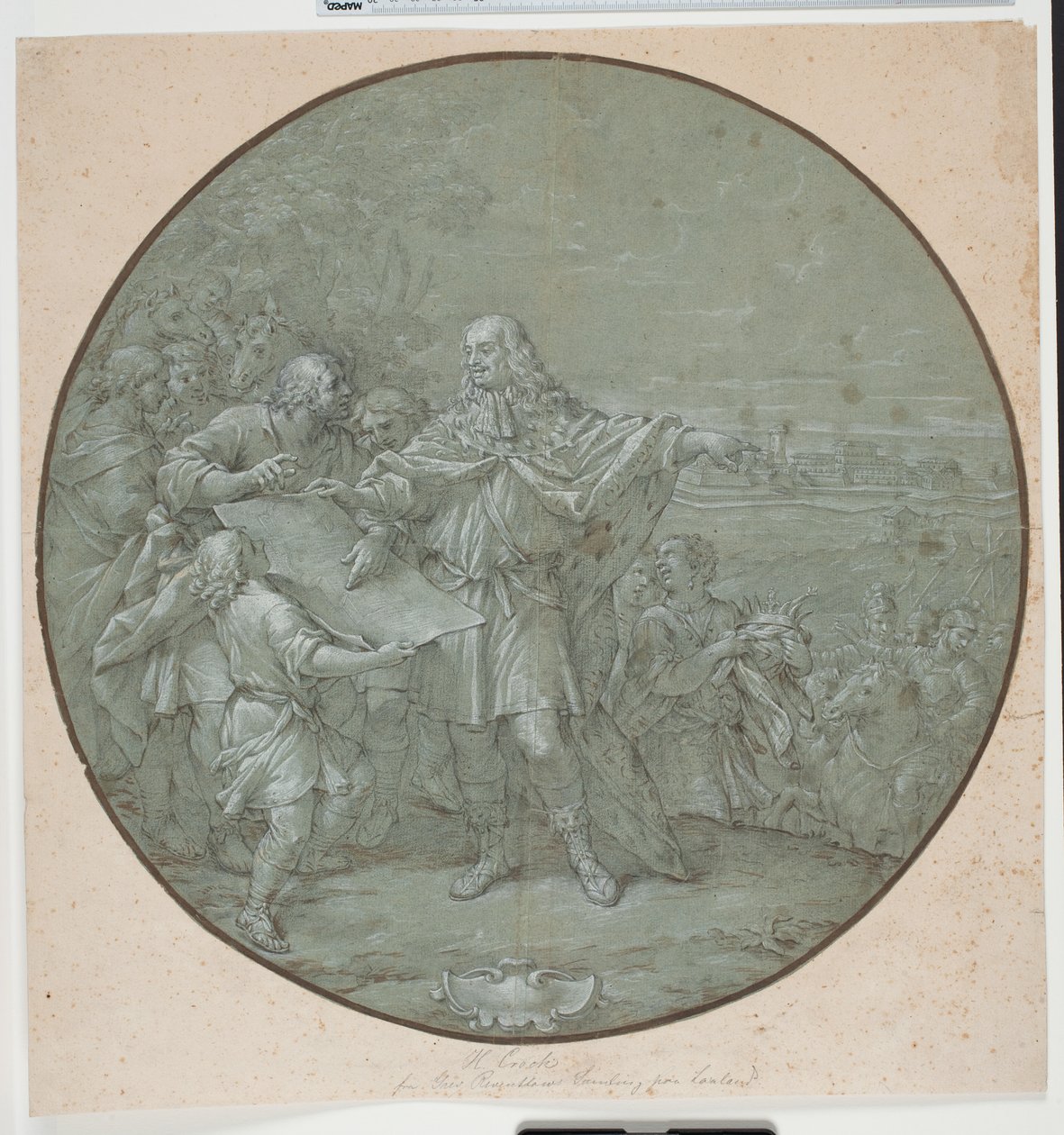 Cosimo III はリヴォルノ港を強化します。 いわゆる「piatti di S. Giovanni」の 1 つであるシルバー プレート用の描画されたテンプレート 作： フィリッポルジ
