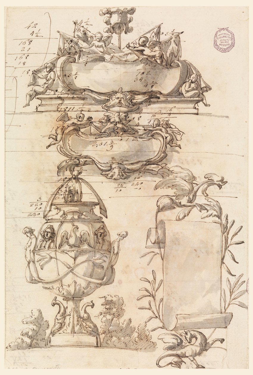 デッサン、2つのエスカッション、装飾花瓶と巻物、1750-75年 作： フィリッポ・マルキオーニ