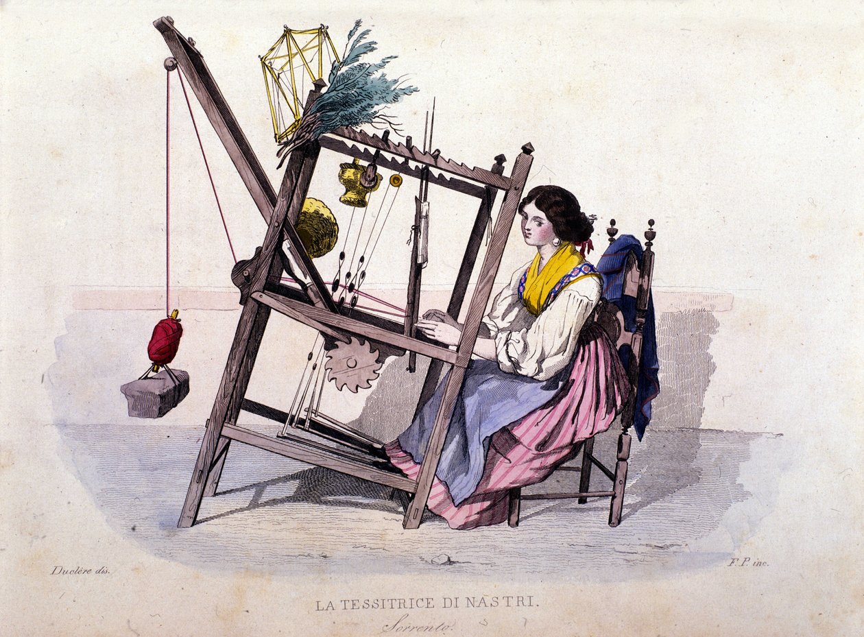 ナポリ王国の小商い：リボンを編むソレントの若い女性。F.パリッツァの絵画に基づくエングレーヴィング。フランチェスコ・デ・ブールカードの作品 "Costumi del regno di Napoli" より。 作： フィリッポ・パリッツィ