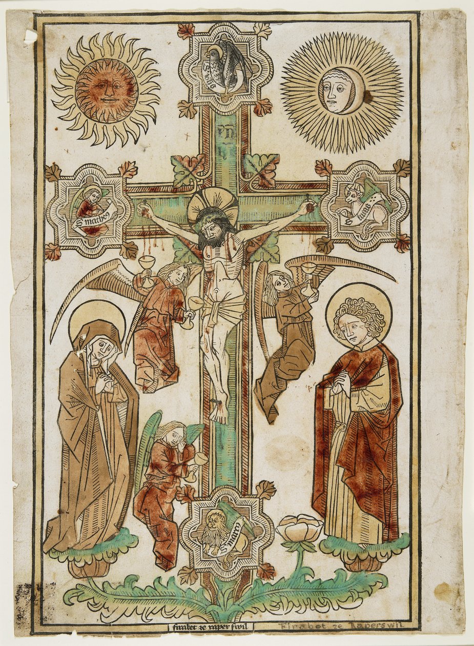 3人の天使と伝道者のシンボルの十字架、c.1470-80（赤、緑、黄色、淡い＆暗い茶色の手塗りの木版画） 作： ラッパースウィルのフィラベトラッパースウィルのフィラベト