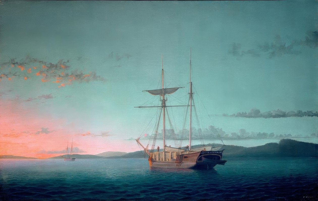 ペノブスコット湾の夜の木材スクーナー 作： フィッツ・ヘンリー・レーン