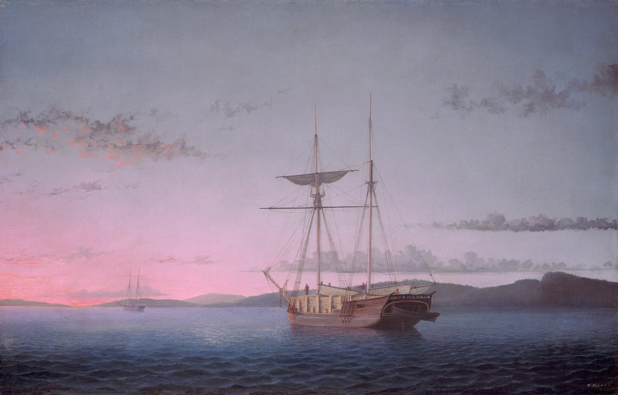 ペノブスコット湾の夕方の材木スクーナー 作： フィッツ・ヘンリー・レーン
