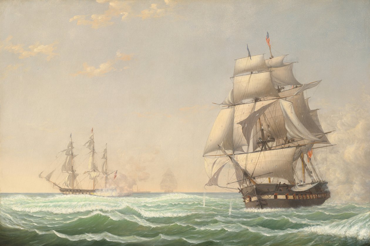 1815年、1850年、英国戦隊と交戦する米国フリゲート大統領。 作： フィッツ・ヒュー・レーン
